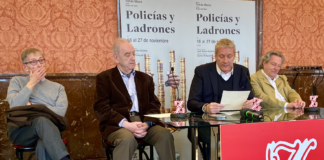 Álvaro del Amo, Tomás Marco, Daniel Bianco (leyendo la carta que envió Carme Portaceli) y José Ramón Encinar en la presentación a la prensa de esta mañana.