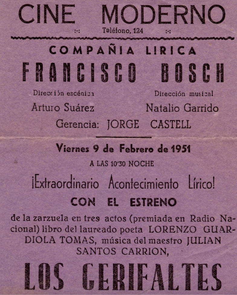 Cartel del estreno de "Los Gerifaltes" en Jumilla (9.Feb.1951)