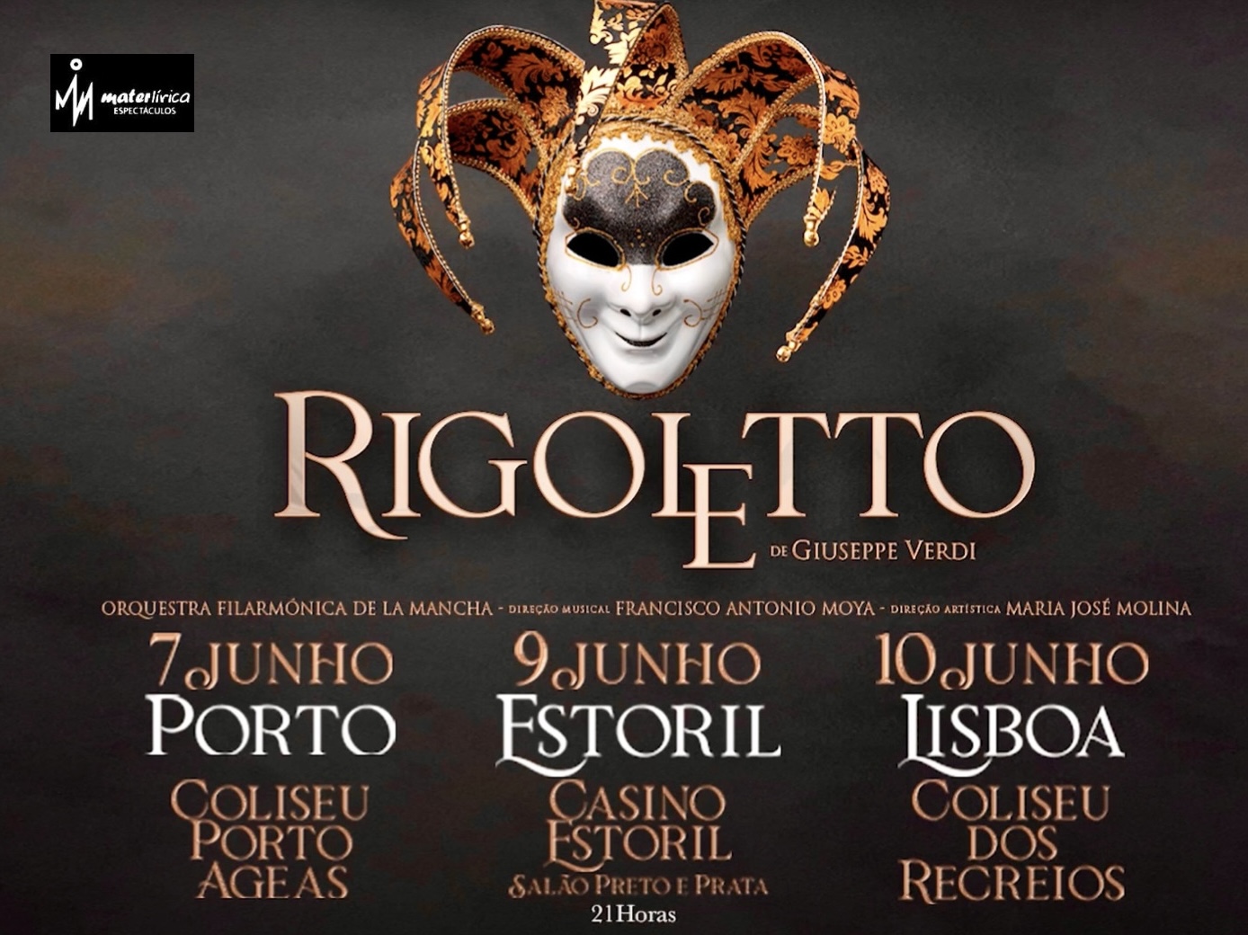 Cartel publicitario de las funciones de "Rigoletto" en tres ciudades de Portugal